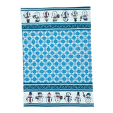 a blue christmas tea towel with dancing snowmen on the border on a white background 