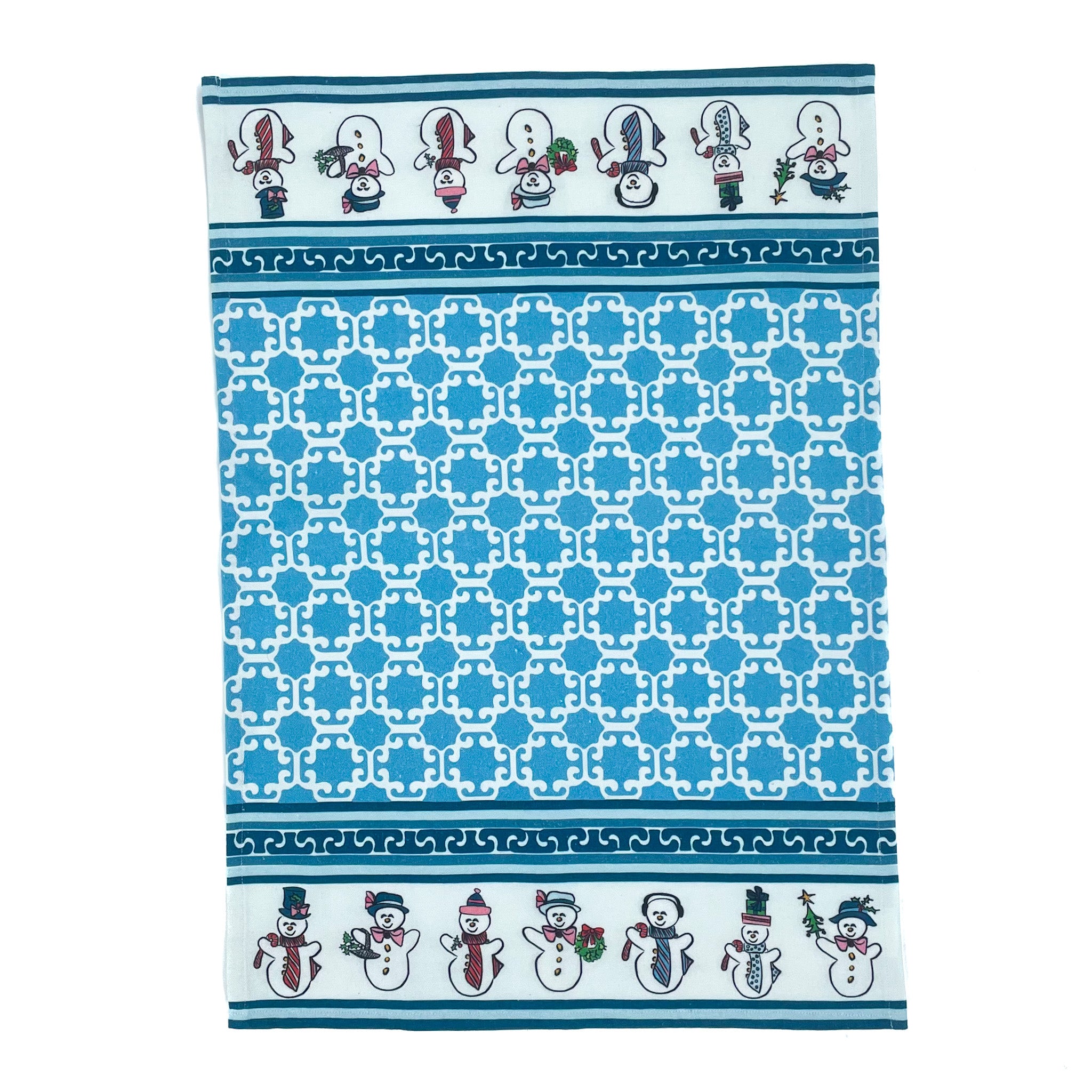 a blue christmas tea towel with dancing snowmen on the border on a white background 