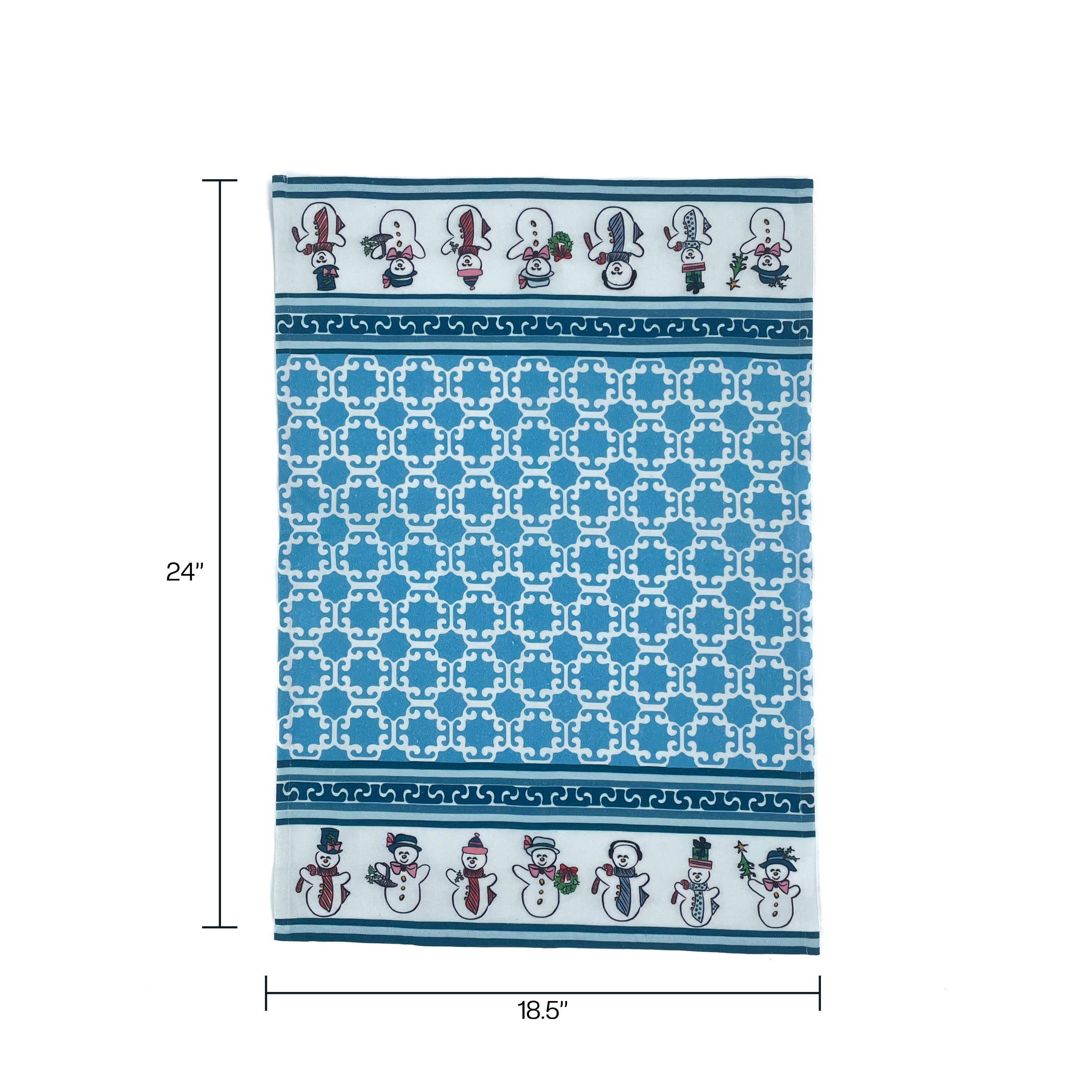 a blue christmas tea towel with dancing snowmen on the border on a white background and size notation 24" x 18.5"