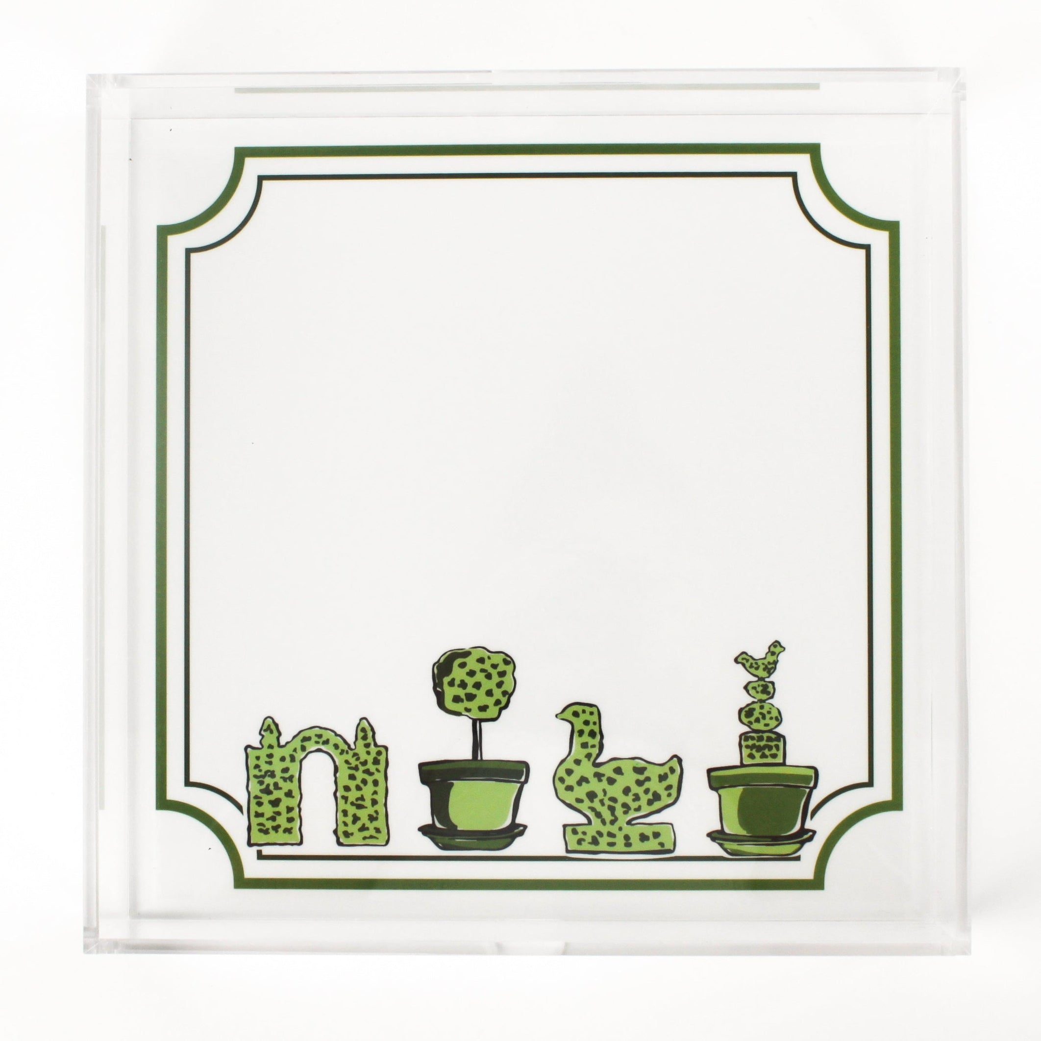 Garden Follies square acrylic tray featuring garden topiary motif on the base.