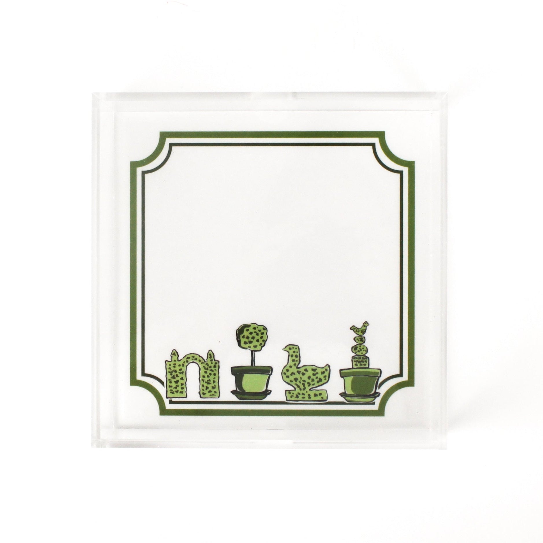 Garden Follies square acrylic tray featuring garden topiary motif on the base.
