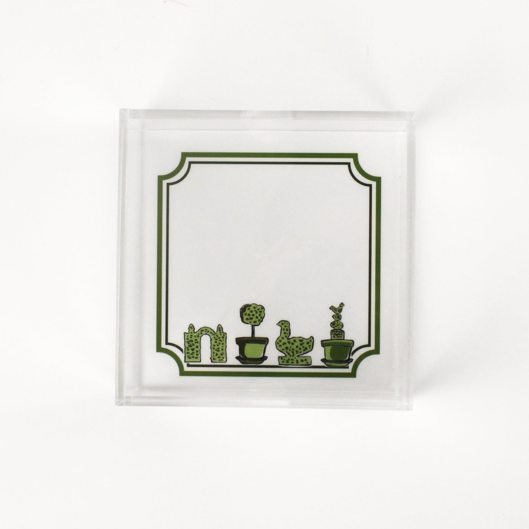 Garden Follies square acrylic tray featuring garden topiary motif on the base.