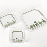 3 sizes of Garden Follies square acrylic tray featuring garden topiary motif on the base.