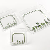 3 sizes of Garden Follies square acrylic tray featuring garden topiary motif on the base.