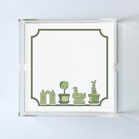 Garden Follies square acrylic tray featuring garden topiary motif on the base.