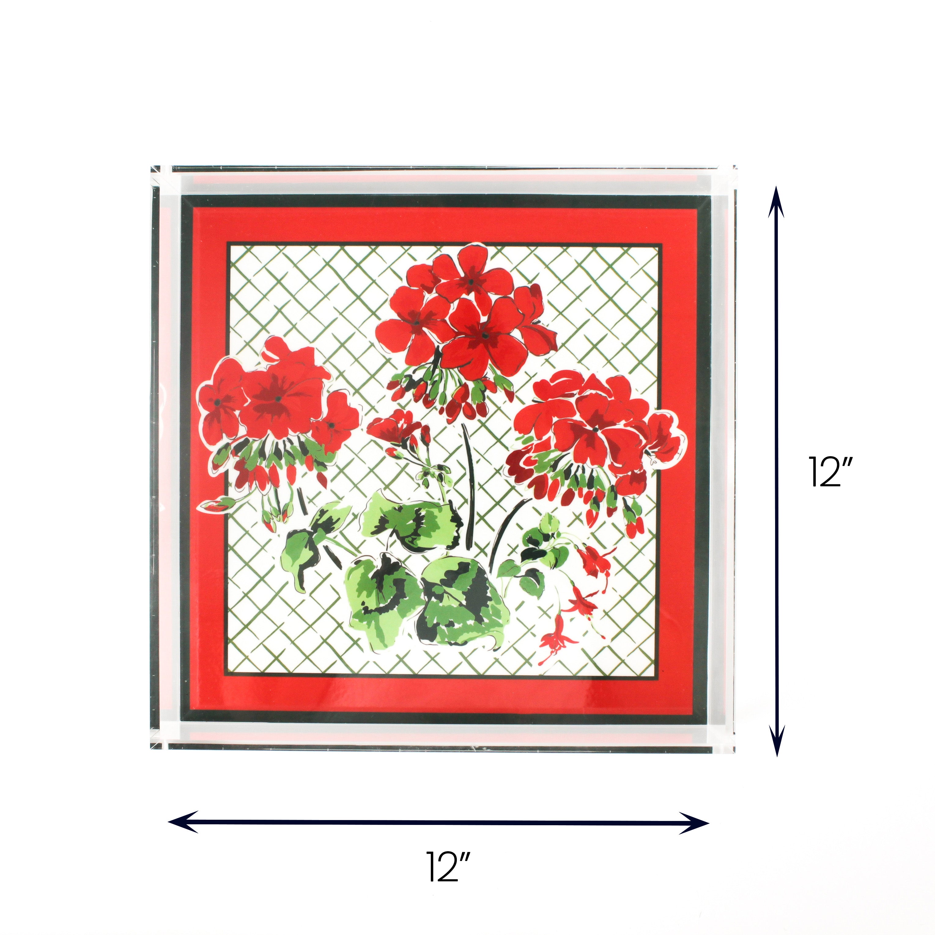 Square geranium acrylic tray large with dimension of 12" x 12".