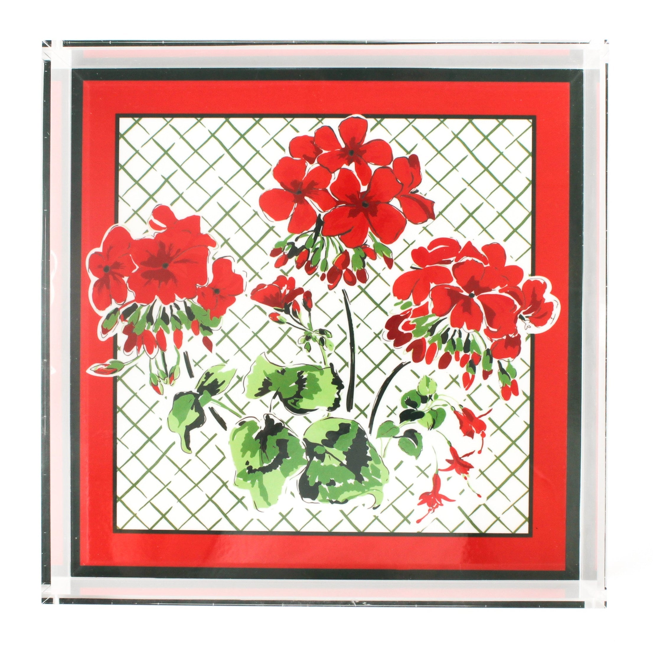 Cottage Grove Geranium Red Square Acrylic Tray, in large with a red and green border.  