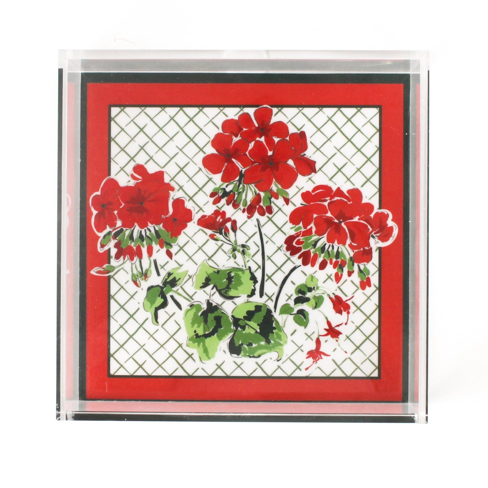 Cottage Grove Geranium Red Square Acrylic Tray, in medium size with a red and green border.  