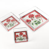 Cottage Grove Geranium Red Square Acrylic Tray, in 3 sizes with a red and green border.  