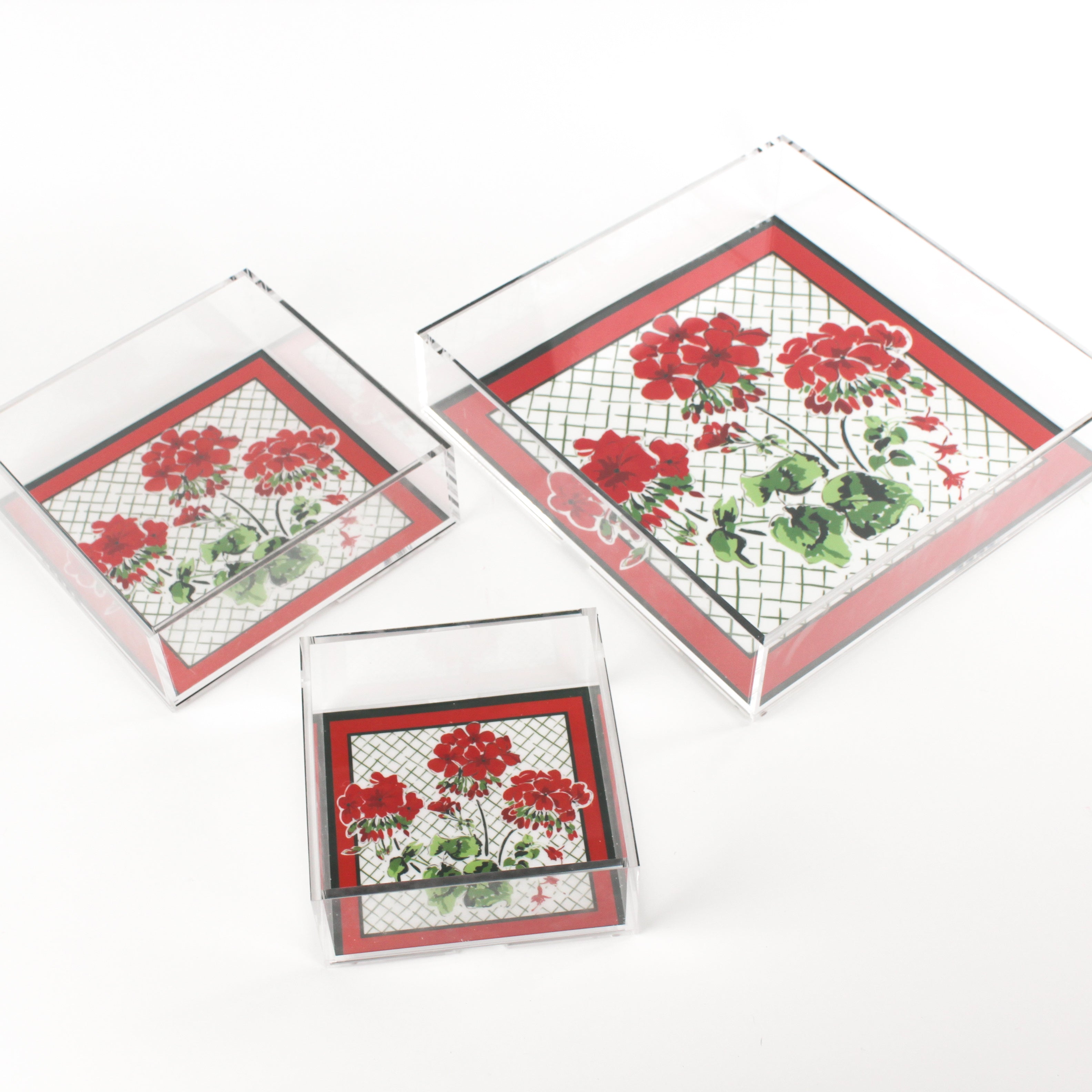 Cottage Grove Geranium Red Square Acrylic Tray, in 3 sizes with a red and green border.  