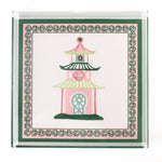 Square acrylic tray in large size with pagoda in middle using pink and green.