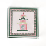 Square acrylic tray in medium size with pagoda in middle using pink and green.