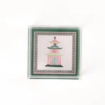 Square acrylic tray in small size with pagoda in middle using pink and green.