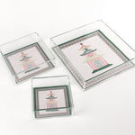 Square acrylic tray in 3 sizes with pagoda in middle using pink and green.