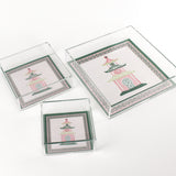 Square acrylic tray in 3 sizes with pagoda in middle using pink and green.