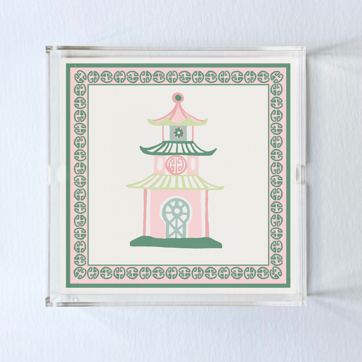 Square acrylic tray in 3 sizes with pagoda in middle using pink and green.