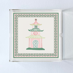 Square acrylic tray in 3 sizes with pagoda in middle using pink and green.