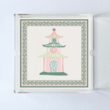 Square acrylic tray in 3 sizes with pagoda in middle using pink and green.