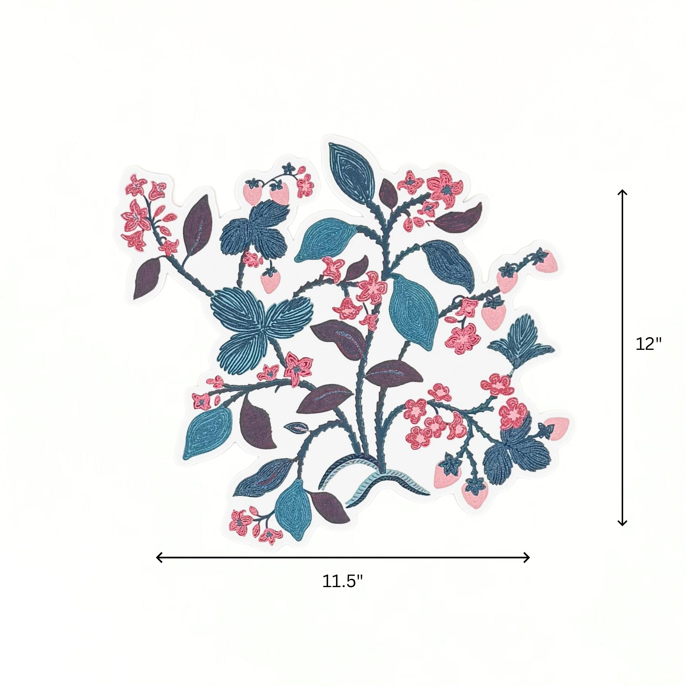 A die cut strawberry themed paper placemat with floral and leaf illustrations displayed with 11.5" by 12" dimensions on a white background.