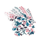 A stacked set of strawberry themed die cut paper placemats featuring floral vines leaves and pink strawberries on a white background.