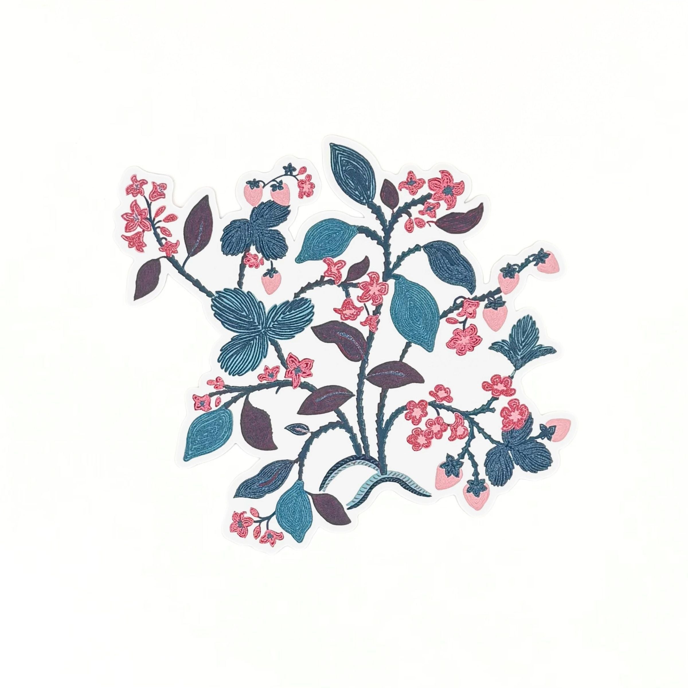 A strawberry themed die cut paper placemats featuring floral vines leaves and pink strawberries on a white background.