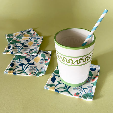 strawberry hill floral cloth cocktail napkins with cup and straw