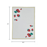 a white strawberry tea towel with a strawberries in the corner and a yellow border around the edges resting on a white background and dimension notation of 24" x 18.5"
