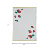 a white strawberry tea towel with a strawberries in the corner and a yellow border around the edges resting on a white background and dimension notation of 24" x 18.5"
