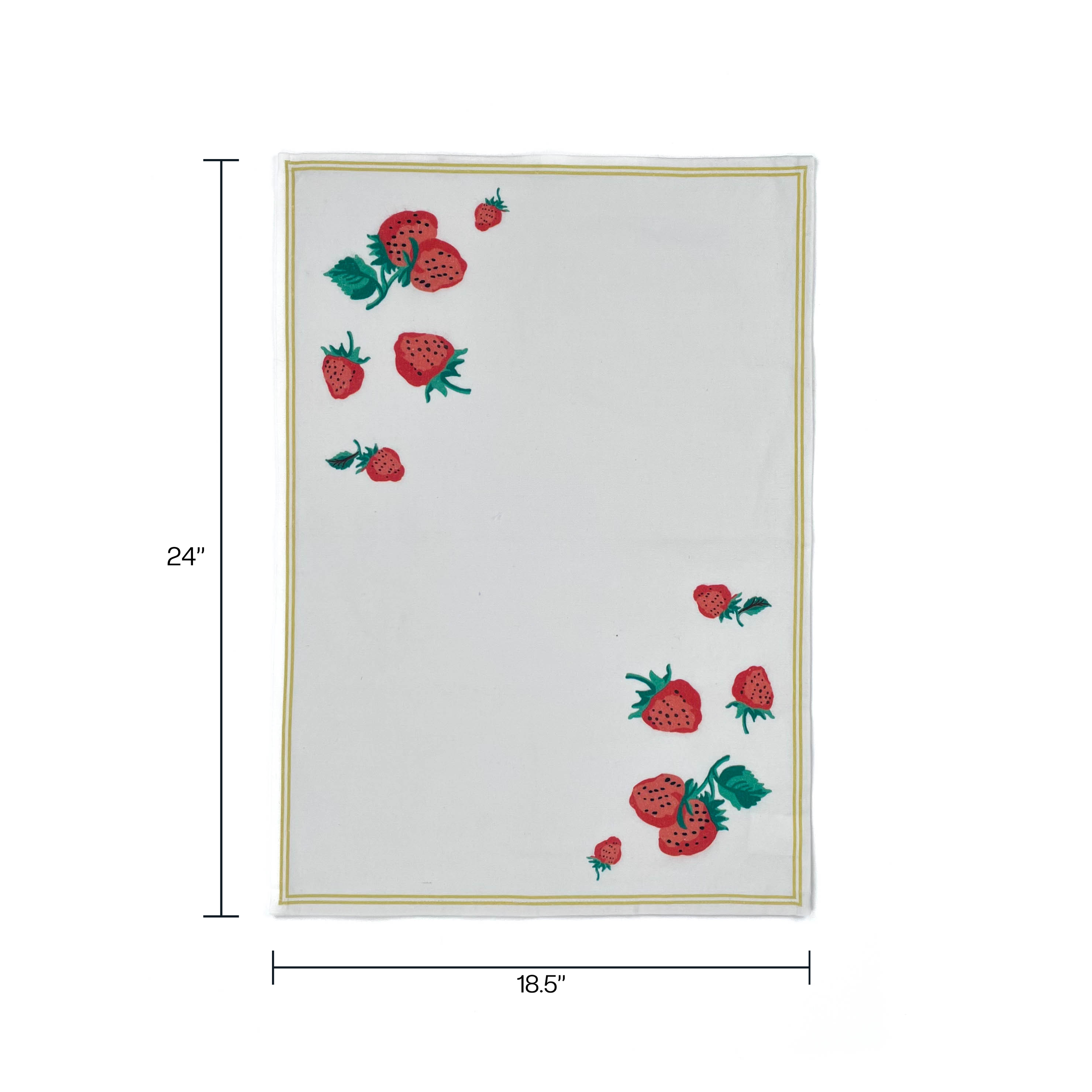 a white strawberry tea towel with a strawberries in the corner and a yellow border around the edges resting on a white background and dimension notation of 24" x 18.5"