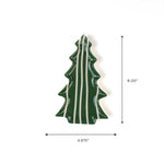 Green ceramic Christmas tree-shaped dish with vertical stripe design, measuring 4.875 inches wide and 8.125 inches tall, displayed on a white background.