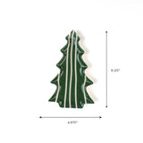 Green ceramic Christmas tree-shaped dish with vertical stripe design, measuring 4.875 inches wide and 8.125 inches tall, displayed on a white background.