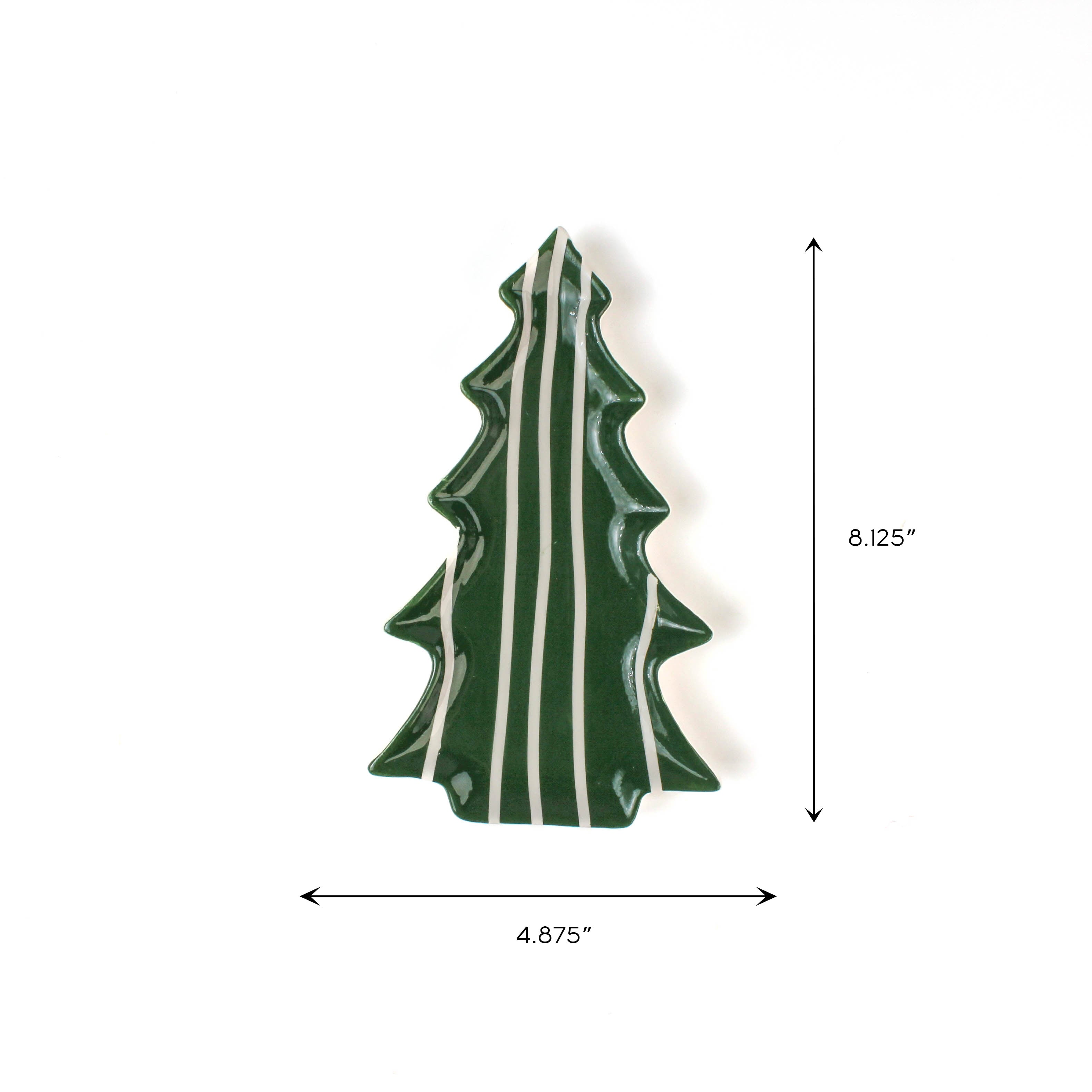 Green ceramic Christmas tree-shaped dish with vertical stripe design, measuring 4.875 inches wide and 8.125 inches tall, displayed on a white background.