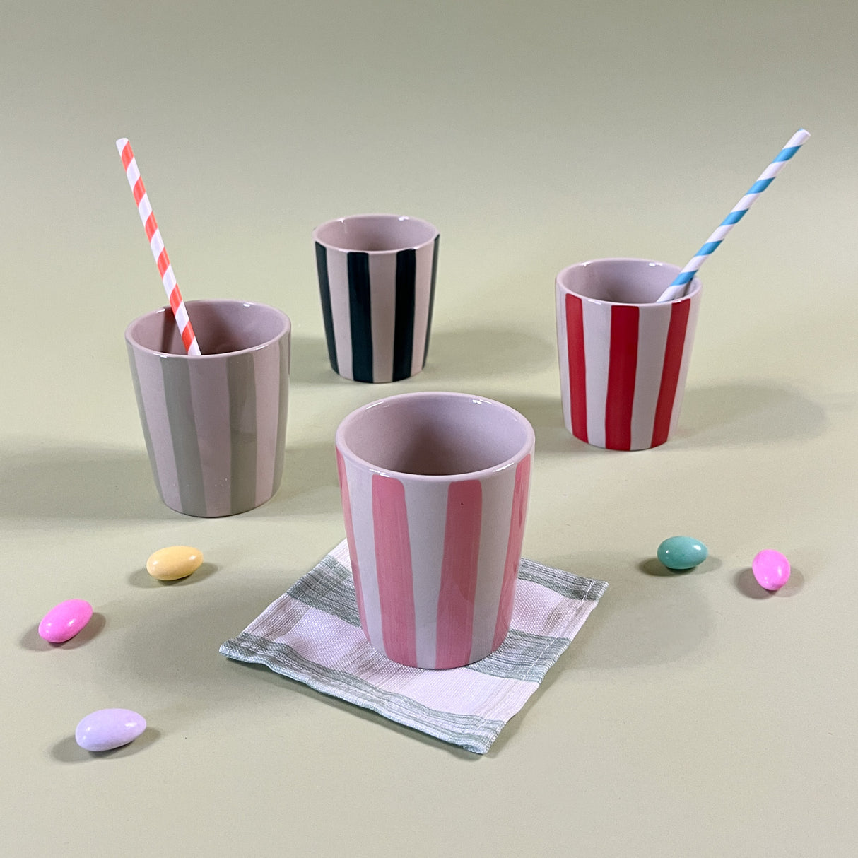 Hand-Painted Striped Ceramic Cups with straws 