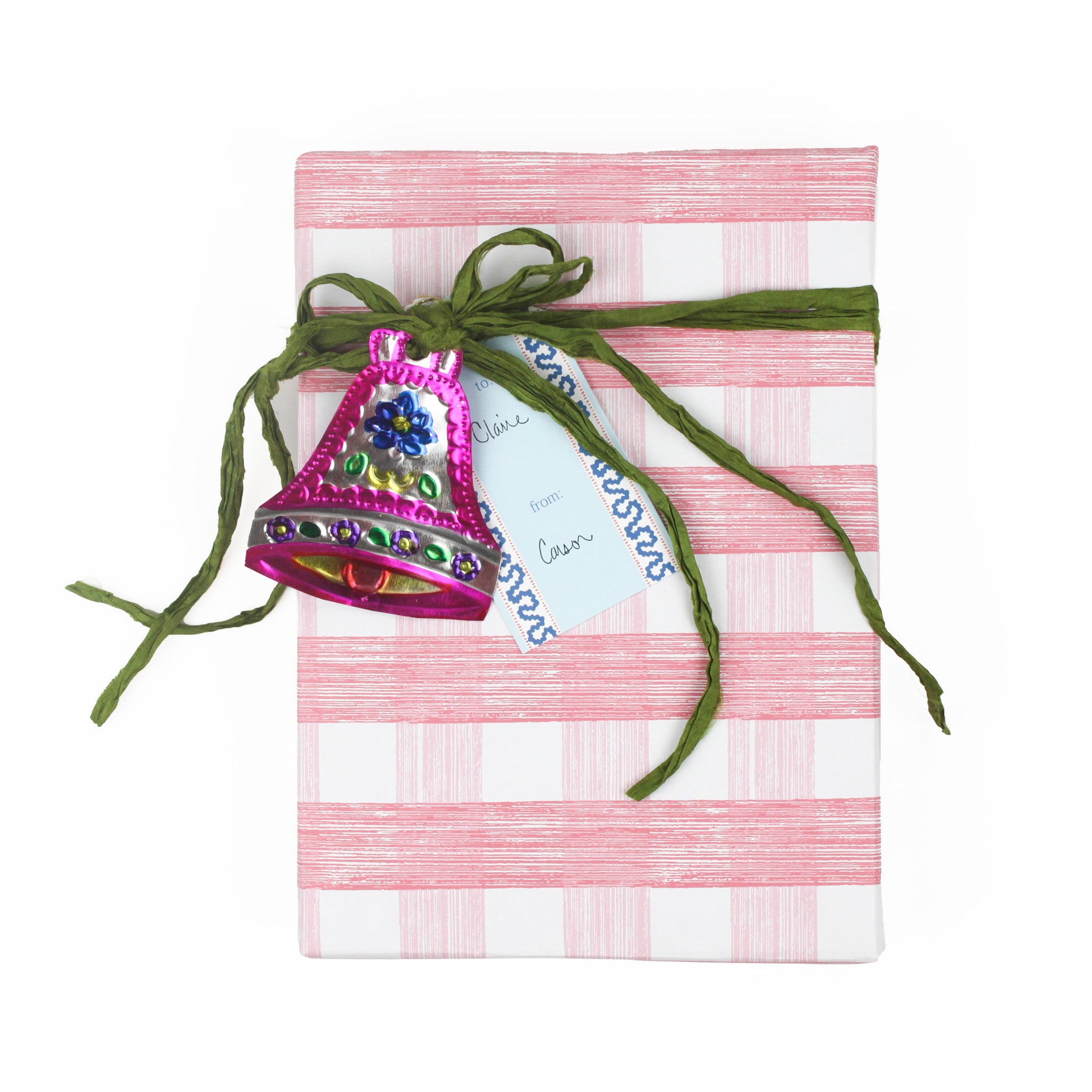 a Harbor Trail blue Gift Tag with a space for personal message, attached to a wrapped present