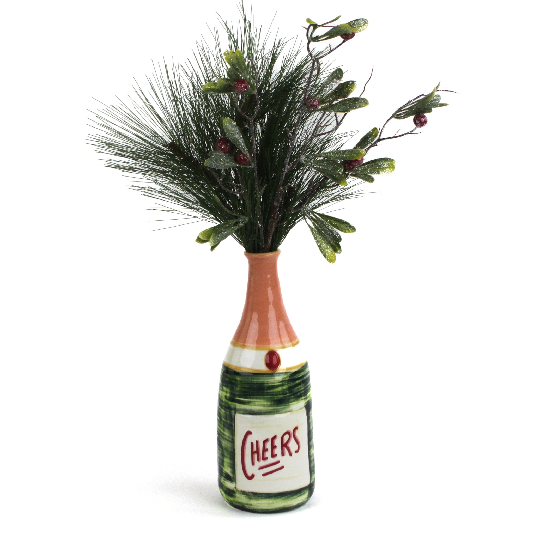 Hand-painted bottle-shaped vase with the word “Cheers,” filled with artificial pine greenery and glittered berry accents.