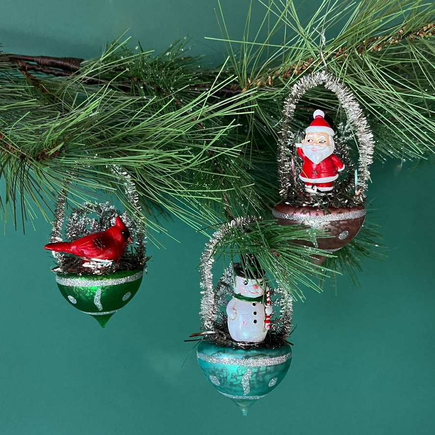 a set of 3 Christmas Glitter Basket Santa Snowman Ornaments