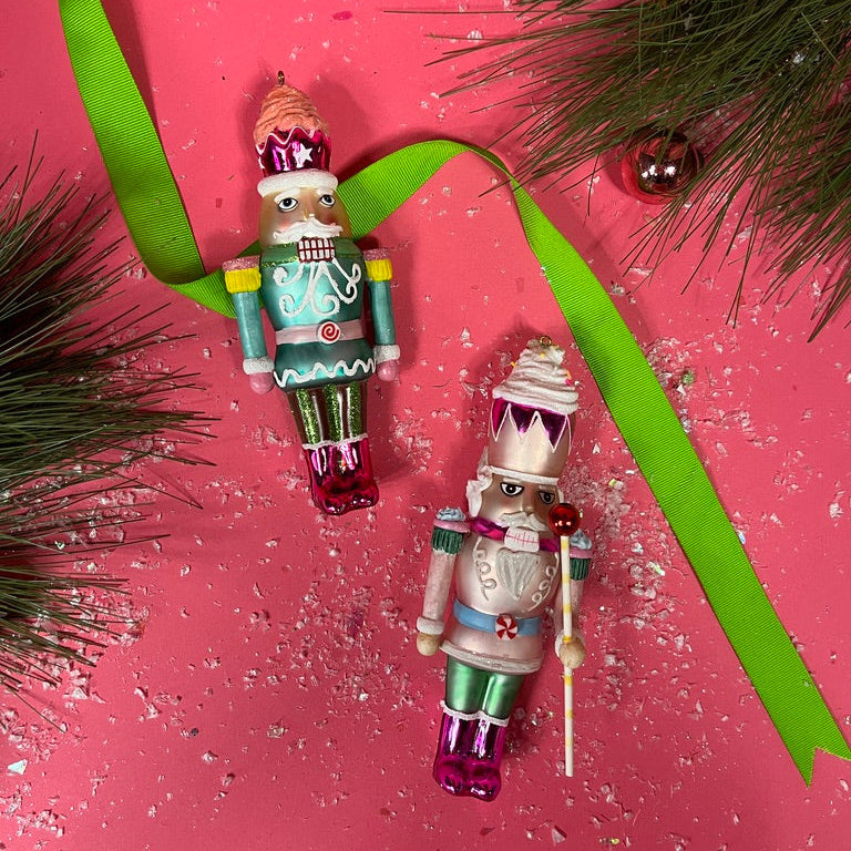 hand-painted 2 Colorful Glass Nutcracker Christmas Ornaments 