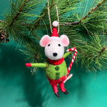 A festive felt mouse ornament dressed in red and green, holding a candy cane
