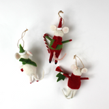 back view of Three festive felt mouse ornaments dressed in holiday outfits