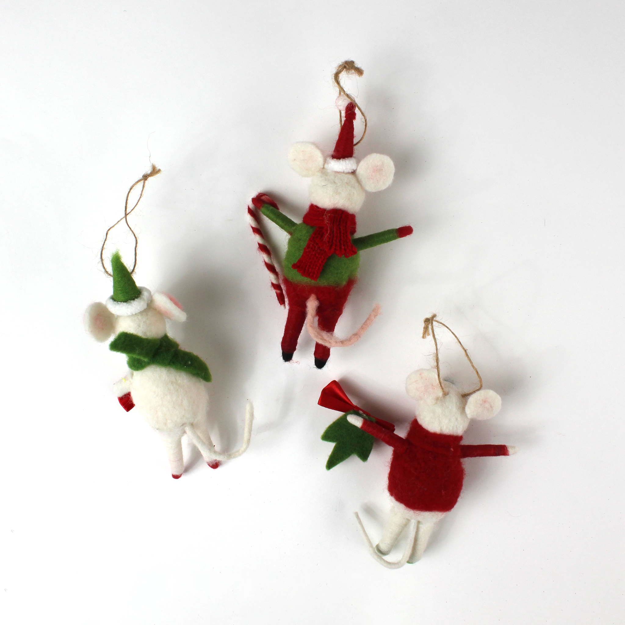 back view of Three festive felt mouse ornaments dressed in holiday outfits