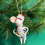 white felt mouse ornament wrapped in colorful holiday lights