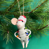 white felt mouse ornament wrapped in colorful holiday lights