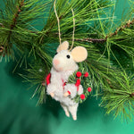 white felt mouse ornament dressed in cozy winter outfits, holding a Christmas wreath