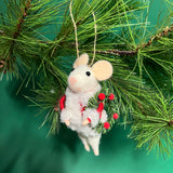 white felt mouse ornament dressed in cozy winter outfits, holding a Christmas wreath