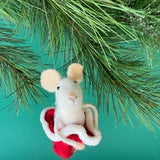 one felt mouse ornament sitting inside a red Christmas stocking with white trim.