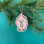 Hand Painted Beaded Reindeer Christmas Ornament with pink heart design.