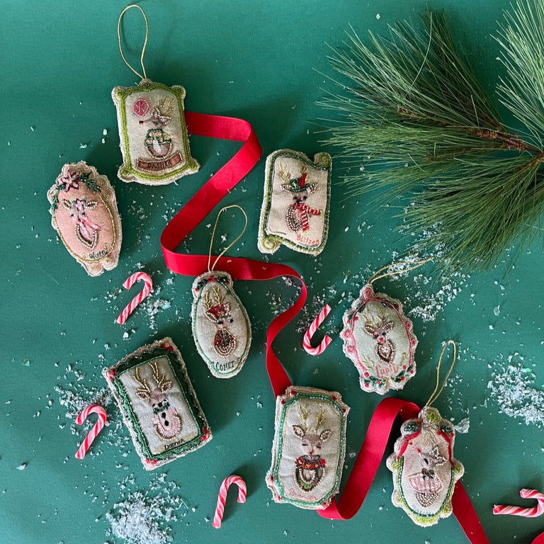 An embroidered christmas ornament set featuring all of santa's reindeer.