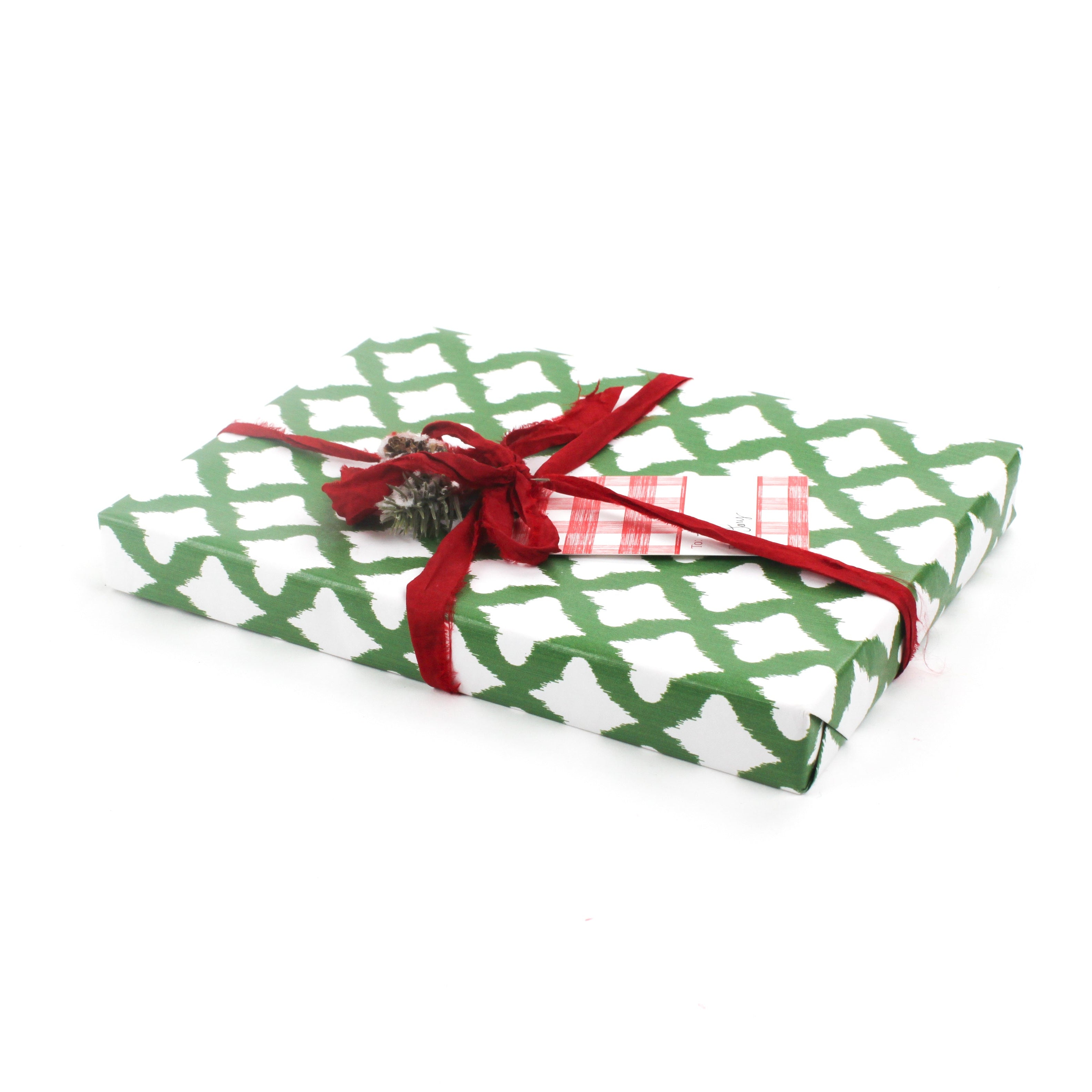 Side view of gift wrapped in green and white patterned paper with red ribbon and pinecone accent.