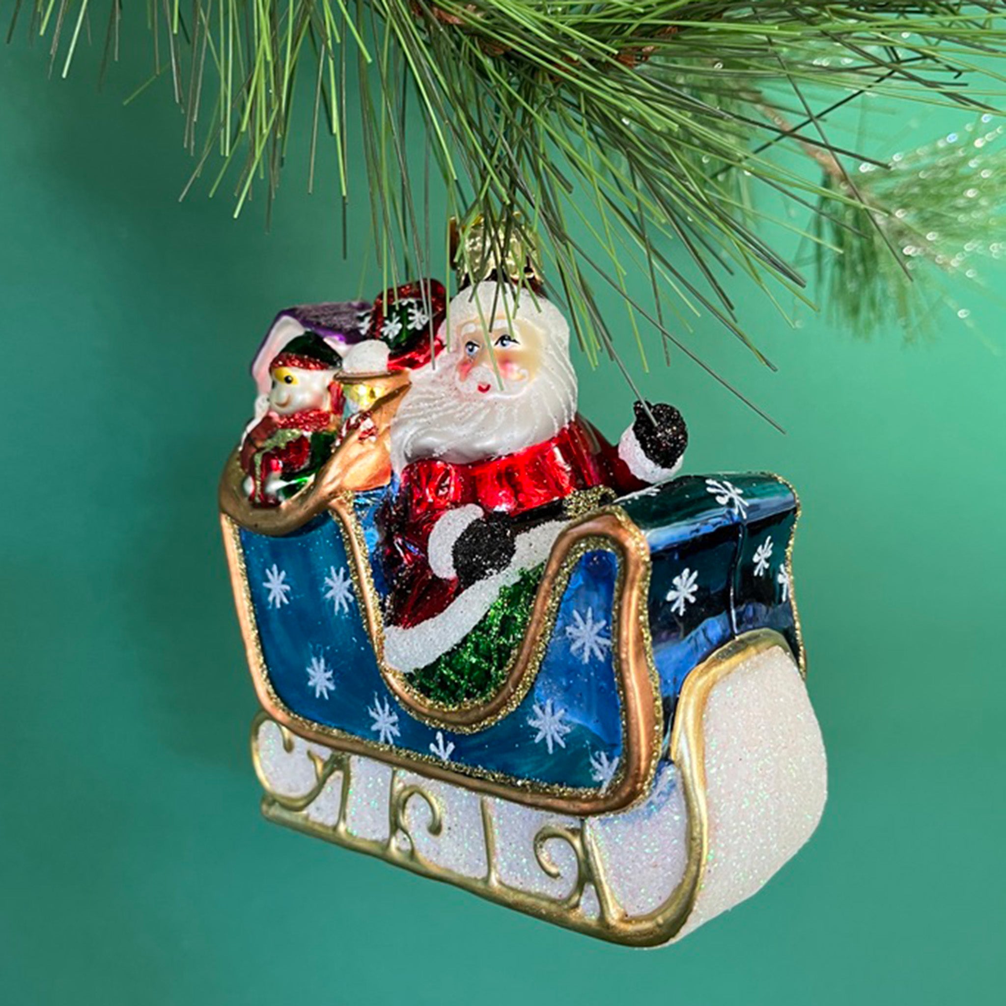 Santa Sleigh Glass Christmas Ornament