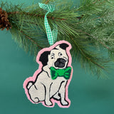 felt Christmas ornament featuring a cute pug with a bright green bow tie and green gingham ribbon